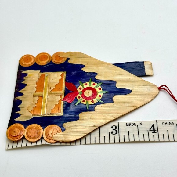 Vintage Christmas Ornament Wood Blue Brown Winter House With Wreath - Picture 2 of 4